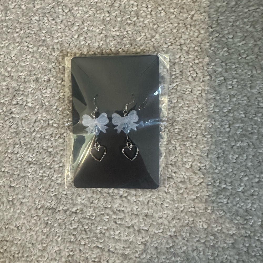 Elegant Silver Heart and White Bow Earrings